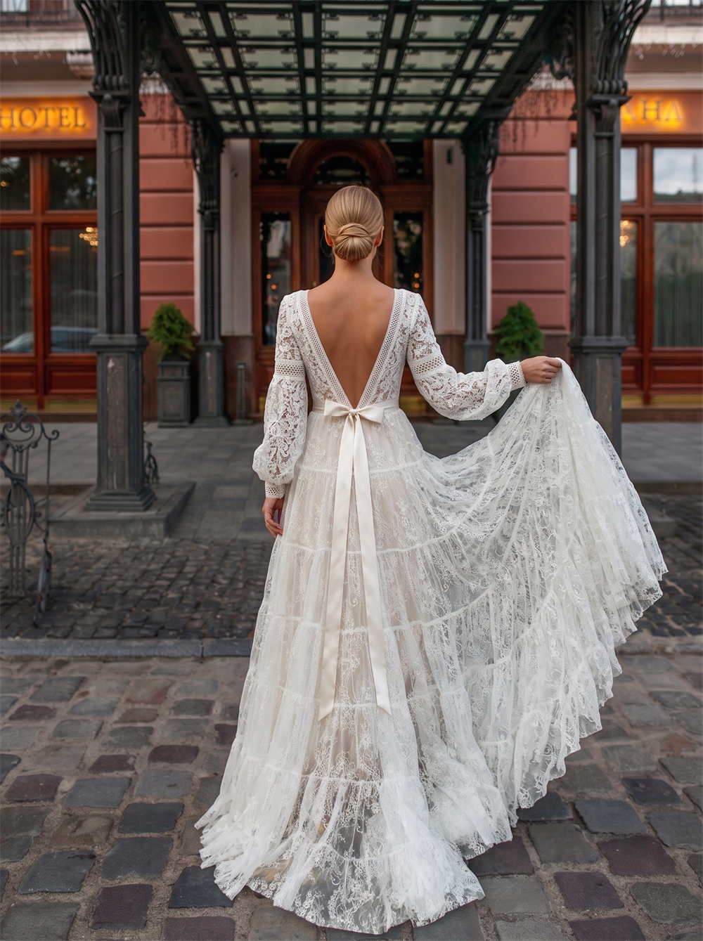 Cap Sleeve Floral Lace A Line Wedding Dress Beaded Waist Belt Long Puff Sleeve Tiered Lace Skirt Bridal Gown
