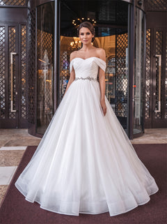 Off Shoulder Twist Ruched Crystal Sash Pearl Button Tulle A Line Wedding Dress Bridal Dress