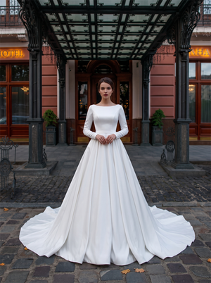 Long Sleeve Boat Neck Matte Satin Ball Gown Wedding Dress Deep V Back Cathedral Train Bridal Gown