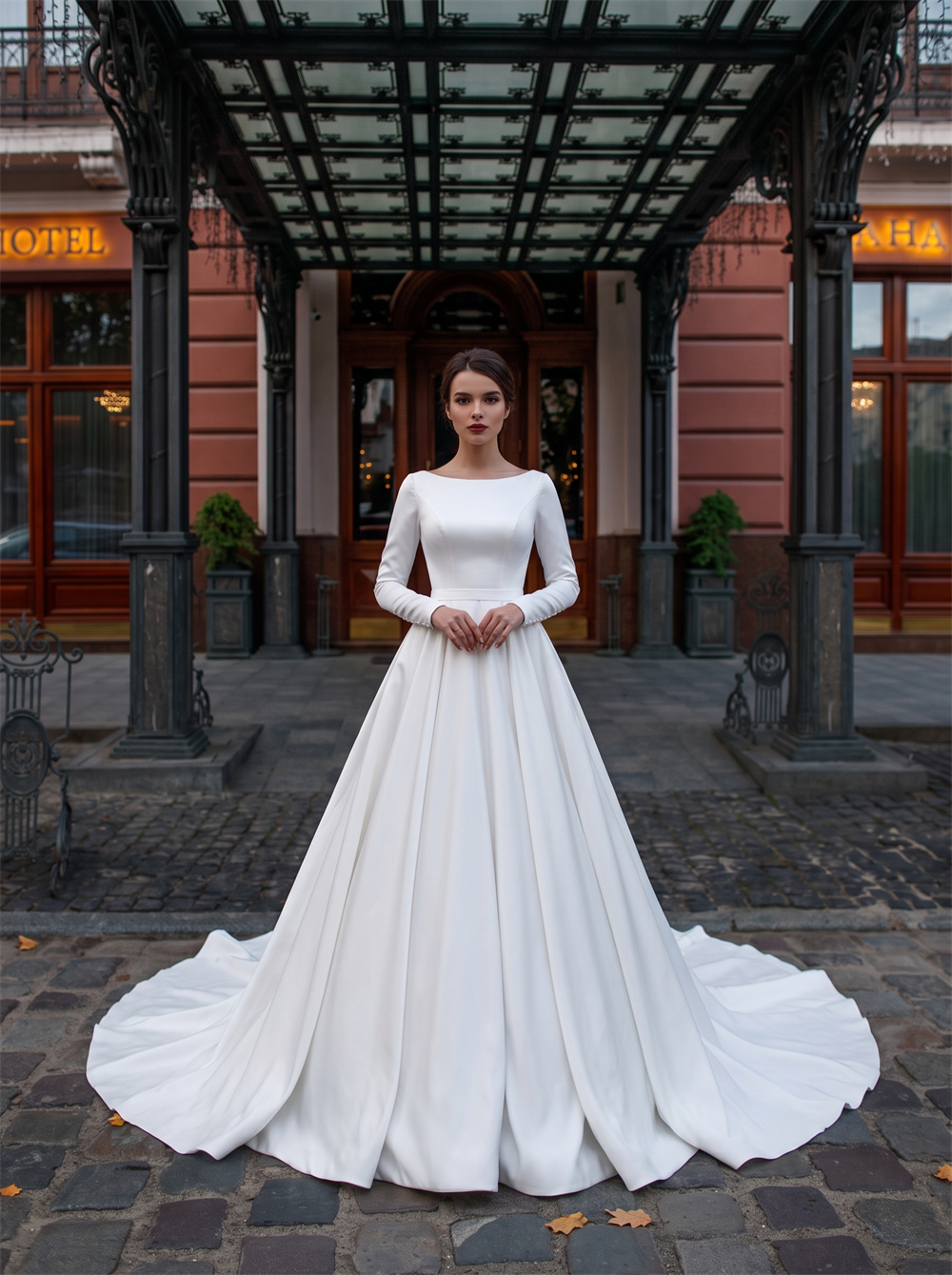 Long Sleeve Boat Neck Matte Satin Ball Gown Wedding Dress Deep V Back Cathedral Train Bridal Gown