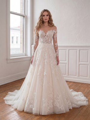 Off Shoulder Long Lace Sleeve Tulle Wedding Dress Deep V Back Floral Lace Ball Gown