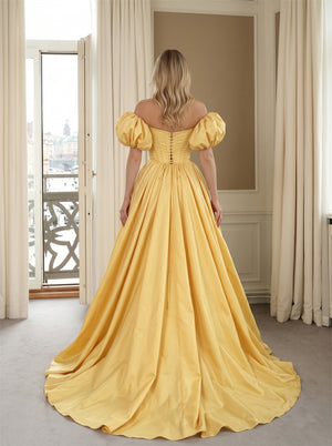 Prom Dress Yellow Satin Off Shoulder Puff Sleeve Corset High Slit Ball Gown Train Evening Gown