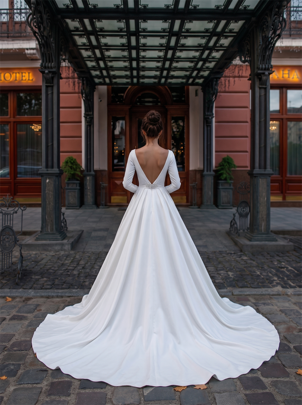 Long Sleeve Boat Neck Matte Satin Ball Gown Wedding Dress Deep V Back Cathedral Train Bridal Gown