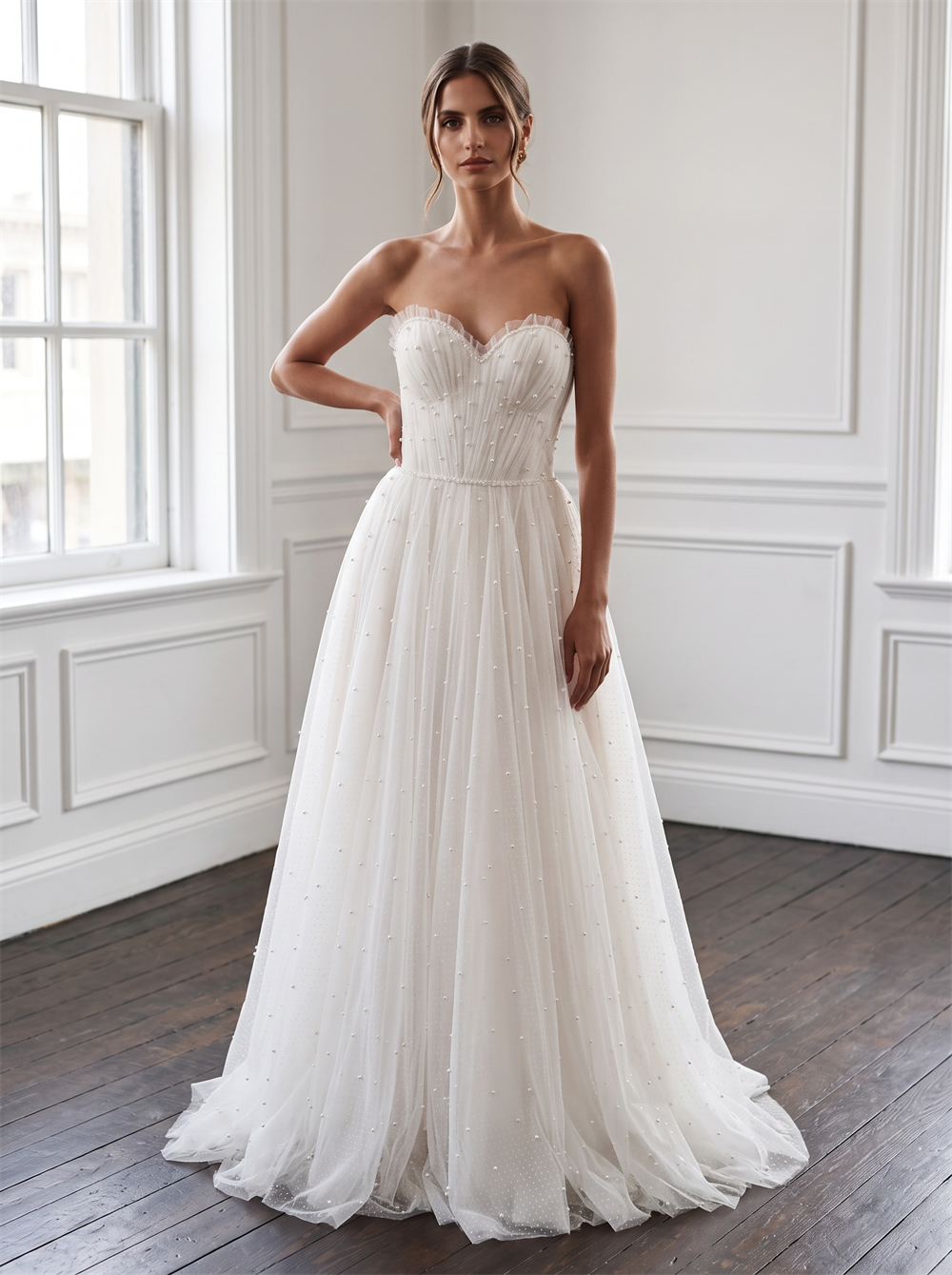 Strapless Sweetheart Pearl Beaded Dot Tulle Wedding Dress Ruched Bodice Vertical Bridal Gown