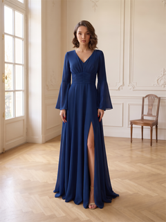 Long Bell Sleeve V Neck Ruched Waist Chiffon Bridesmaid Dress High Slit Low V Back Navy Blue Formal Wedding Guest Evening Gown