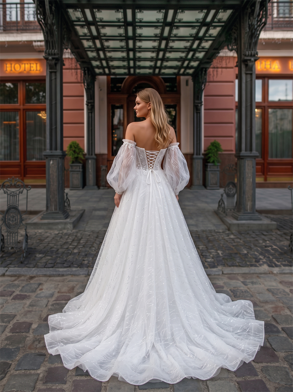 Strapless Sweetheart Off Shoulder Detachable Puff Sleeve Glitter Tulle A Line Wedding Dress Cathedral Train Romantic Bridal Gown