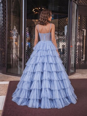 Spaghetti Strap Corset Glitter Light Blue Tiered Tulle Prom Dress Open Back A Line Long Formal Gown