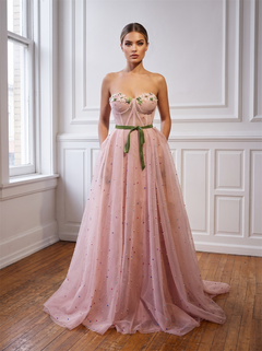 Strapless Corset Grid Tulle Prom Dress 3D Floral Bust Detachable Green Velvet Waist Ribbon Lace Up Back Colorful Beaded A Line Evening Gown
