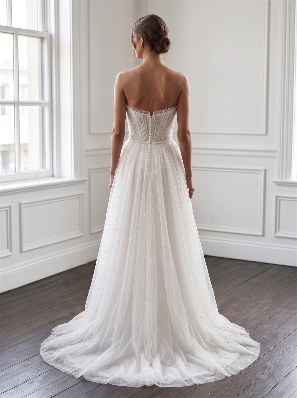 Strapless Sweetheart Pearl Beaded Dot Tulle Wedding Dress Ruched Bodice Vertical Bridal Gown