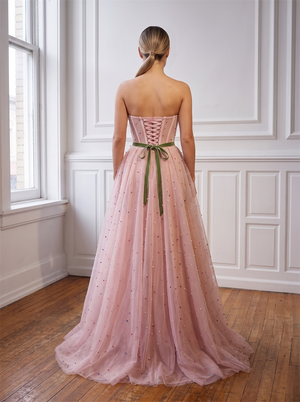 Strapless Corset Grid Tulle Prom Dress 3D Floral Bust Detachable Green Velvet Waist Ribbon Lace Up Back Colorful Beaded A Line Evening Gown