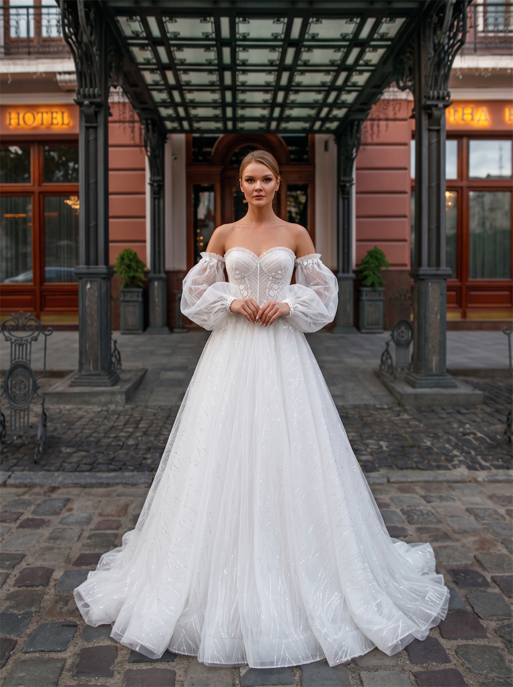 Strapless Sweetheart Off Shoulder Detachable Puff Sleeve Glitter Tulle A Line Wedding Dress Cathedral Train Romantic Bridal Gown