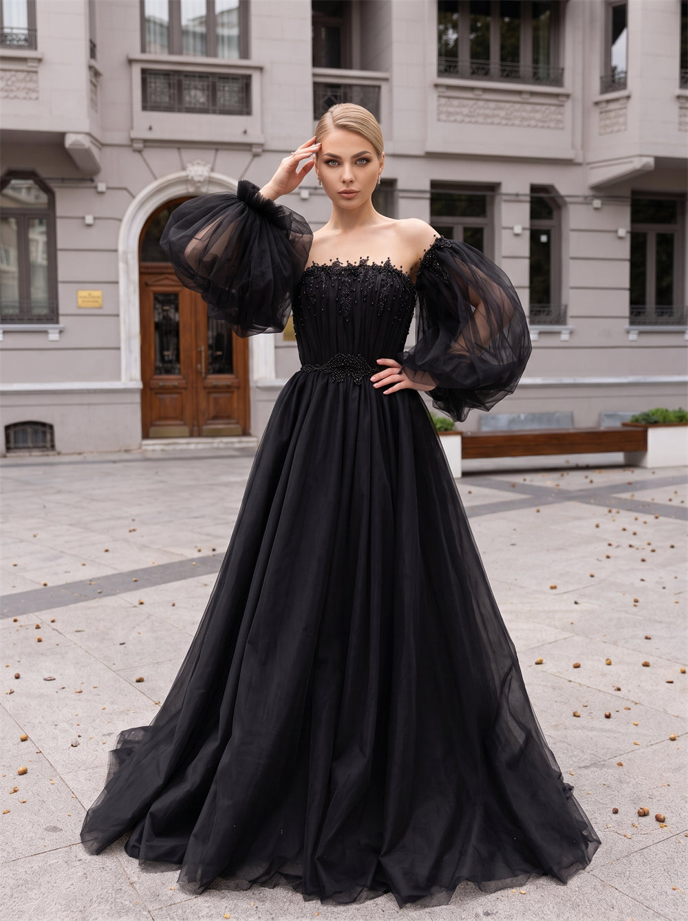 Off Shoulder Puff Sleeve Black Tulle Prom Dress Beaded Evening Dress A Line Long Train Formal Gown