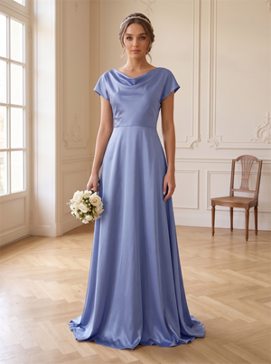 Short Cap Sleeve Cowl Neck Satin Bridesmaid Dress Low V Open Back Hidden Zipper Floor Length Dusty Blue Formal Wedding Guest Evening Gown