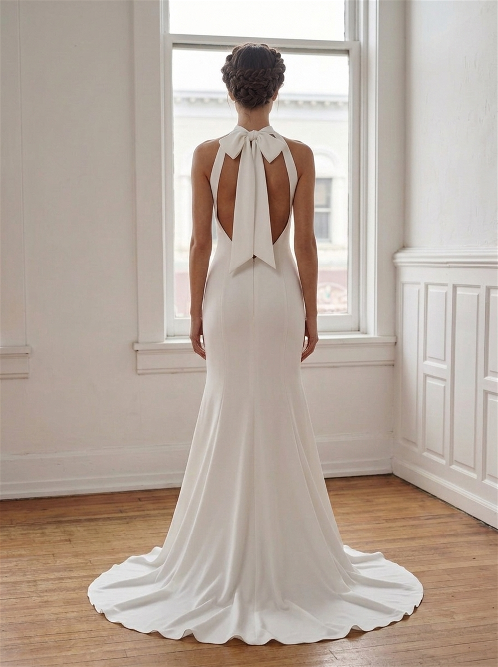 Halter High Neck Crepe Mermaid Wedding Dress Large Bow Keyhole Open Back Fit And Flare Bridal Gown
