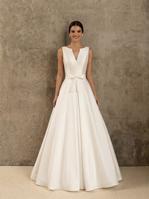 V Neck Sleeveless Bow Sash Button Satin A Line Wedding Dress Bridal Dress