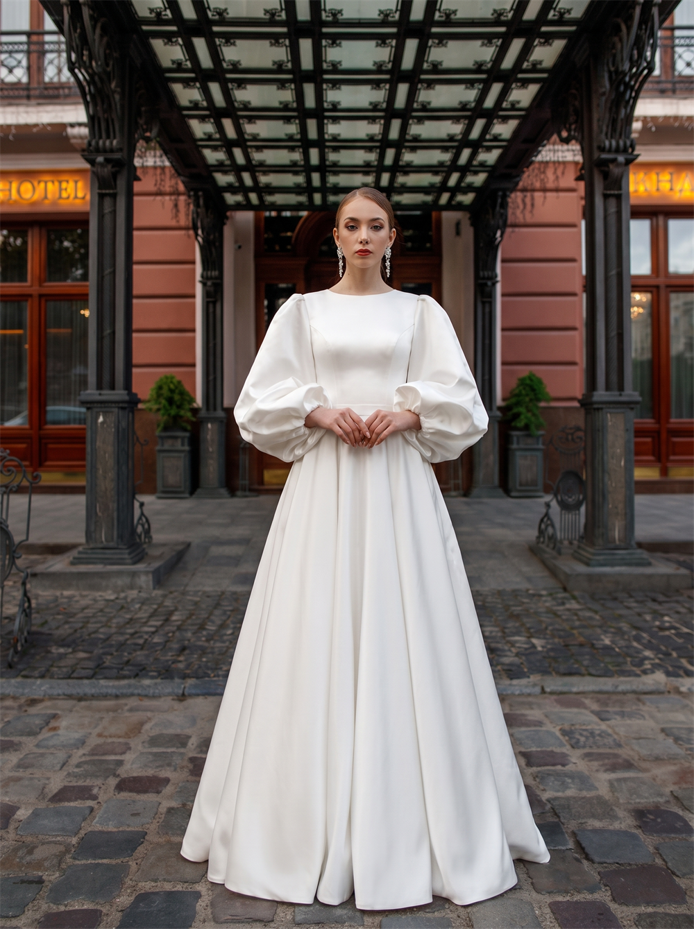 Round Neck Puff Long Sleeve Matte Satin Ball Gown Wedding Dress Vertical Pearl Button Back Wide Modest Bridal Gown