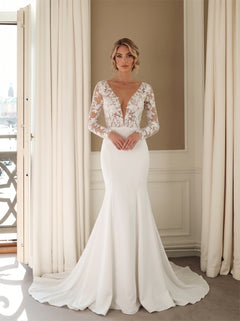 Wedding Dress All Over Floral Lace Long Sleeve Mermaid Wedding Dress With Pearl Button Deep V Crepe Train