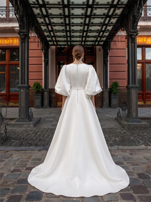 Round Neck Puff Long Sleeve Matte Satin Ball Gown Wedding Dress Vertical Pearl Button Back Wide Modest Bridal Gown