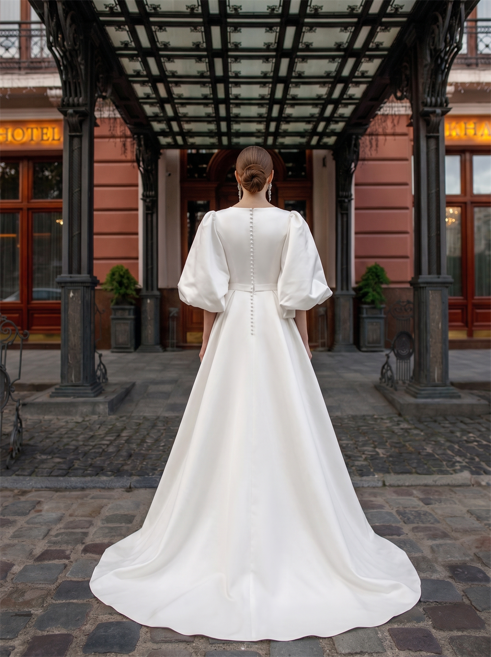 Round Neck Puff Long Sleeve Matte Satin Ball Gown Wedding Dress Vertical Pearl Button Back Wide Modest Bridal Gown