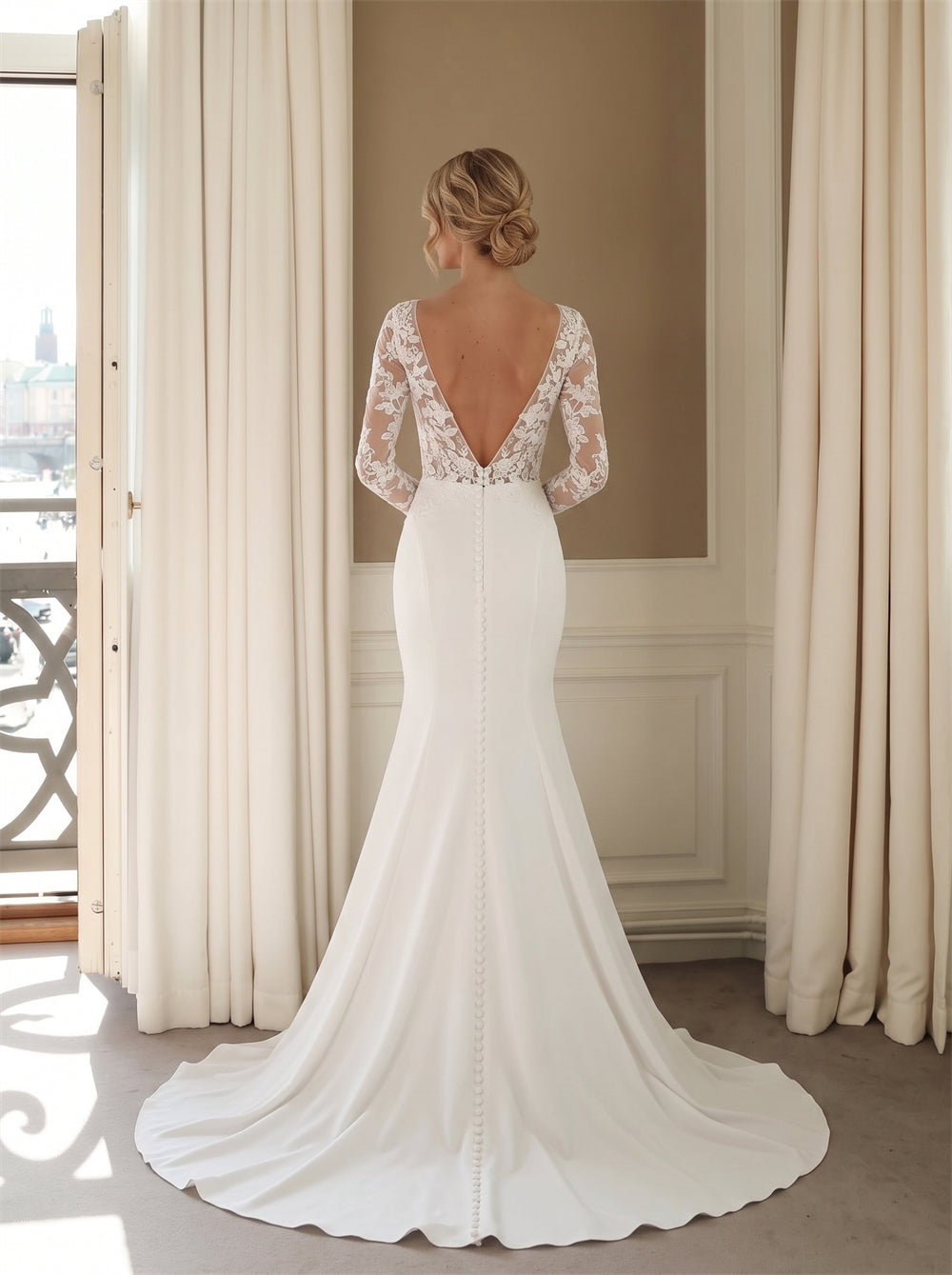 Wedding Dress All Over Floral Lace Long Sleeve Mermaid Wedding Dress With Pearl Button Deep V Crepe Train