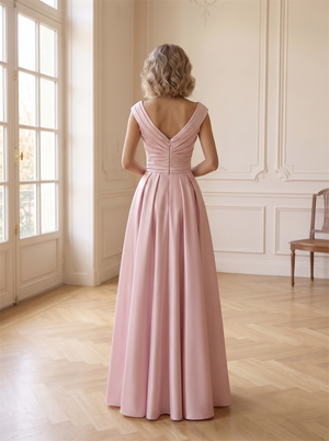 Off The Shoulder Wrap Ruched Satin Bridesmaid Dress Pleated Skirt With Side Pockets Low V BackBlush Pink Formal Wedding Guest Evening Gown