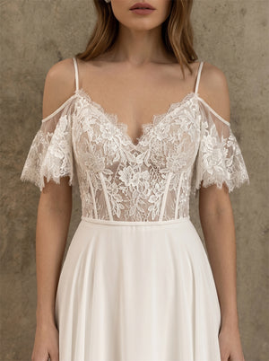 Off Shoulder Spaghetti Strap Ruffle Short Sleeve Corset Lace Chiffon A Line Wedding Dress Bridal Dress