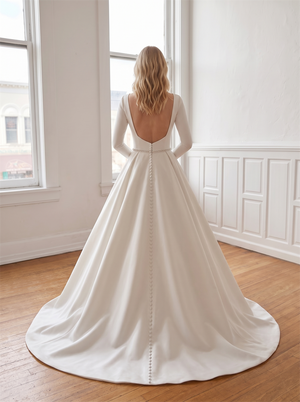 Long Sleeve High Round Neck Satin Ball Gown Wedding Dress Deep V Low Back Cathedral Train Bridal Gown