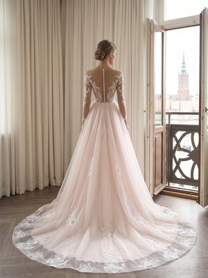 Wedding Dress Soft Blush Tulle A Line Wedding Dress With Floral Lace Long Sleeves & Pearl Placket Back