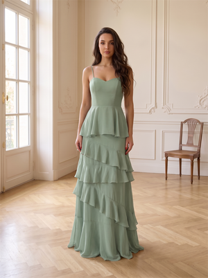 Adjustable Spaghetti Strap Sweetheart Tiered Ruffle Chiffon Bridesmaid Dress Sage Green Formal Wedding Guest Evening Gown