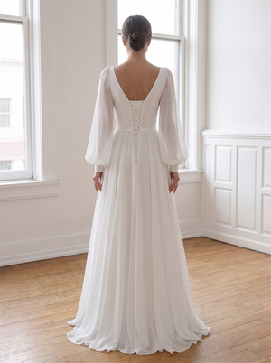 V Neck Bishop Long Sleeve Chiffon Wedding Dress Low V Lace Up Back Soft Minimalist Elegant Bridal Gown