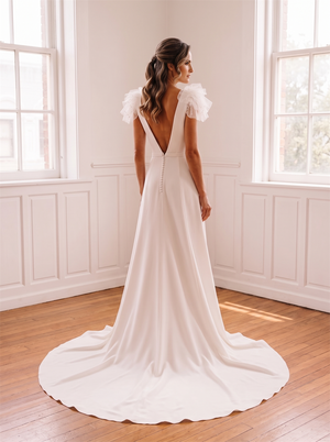 Ruffle Tulle Cap Sleeve Satin Wedding Dress Deep V Neck Low V Back Vertical A Line Sweep Train Minimalist Bridal Gown