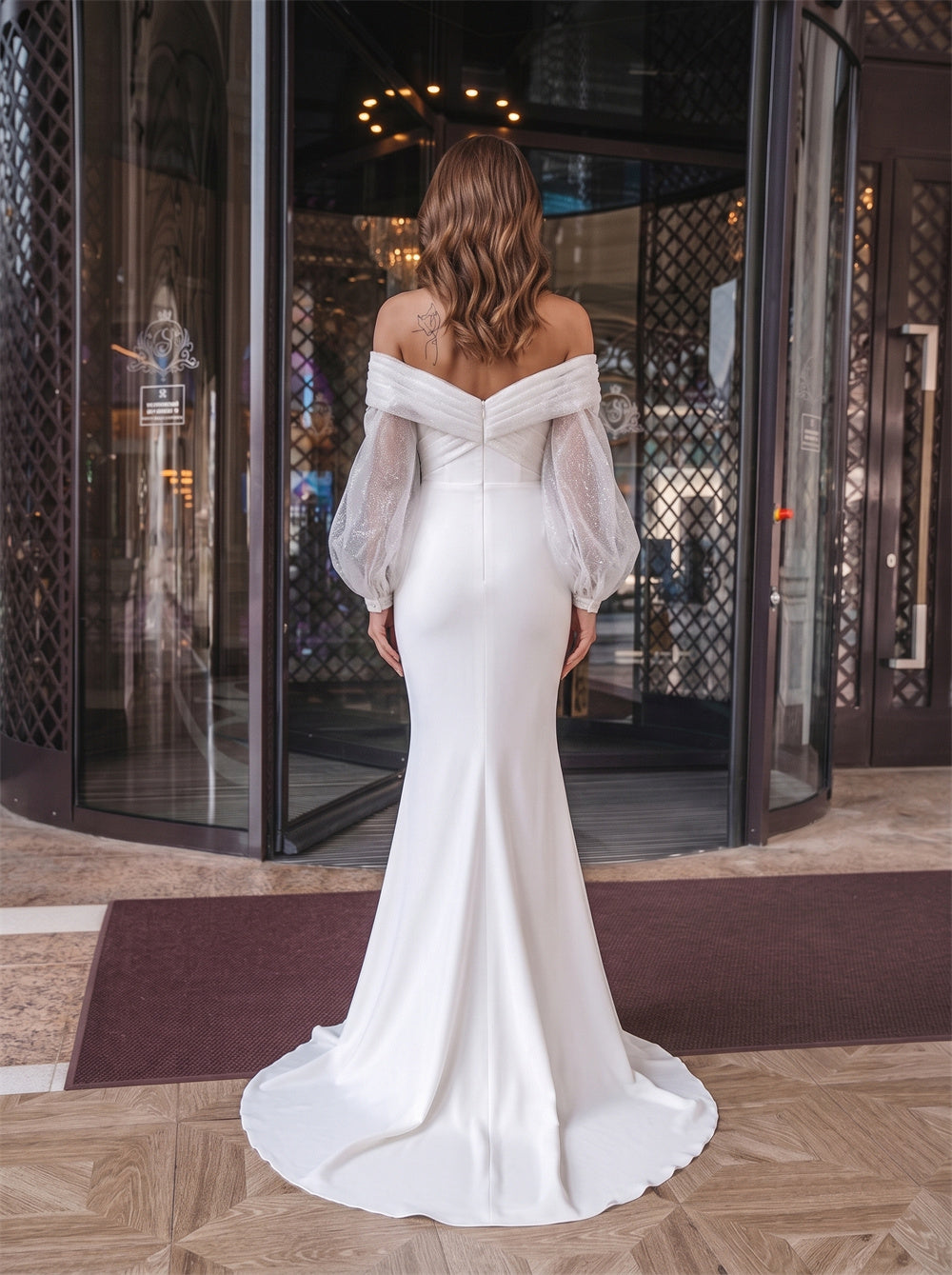Off Shoulder Cross Ruched Glitter Puff Sleeve Zipper Mermaid Satin Wedding Dress Bridal Dress