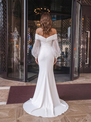 Off Shoulder Cross Ruched Glitter Puff Sleeve Zipper Mermaid Satin Wedding Dress Bridal Dress