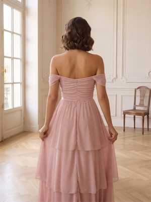 Off The Shoulder Ruched Bodice Tiered Chiffon Bridesmaid Dress Hidden Back Zipper Floor Length Dusty Pink Formal Wedding Guest Evening Gown