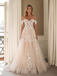Wedding Dress Boho Floral Lace Off Shoulder Tulle Princess A Line Wedding Dress With Corset Back & Floral Train Appliques