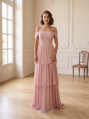 Off The Shoulder Ruched Bodice Tiered Chiffon Bridesmaid Dress Hidden Back Zipper Floor Length Dusty Pink Formal Wedding Guest Evening Gown
