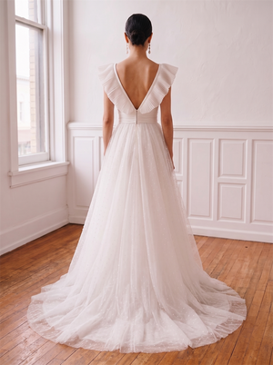 Pleated Ruffle Cap Sleeve Dot Tulle Wedding Dress Boat Neck Convertible V Back A Line Sweep Train Bridal Gown