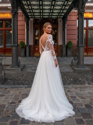 Long Sleeve V Neck Floral Lace Tulle A Line Wedding Dress Deep V Low Back Cathedral Train Romantic Bridal Gown