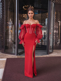 Off Shoulder Sparkle Puff Sleeve High Slit Zipper Mermaid Evening Dress