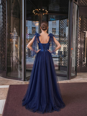 Bow Strap Navy Blue Sparkle Tulle Formal Dress Sweetheart Corset Bodice Lace Up Back Princess Floor Length Evening Gown