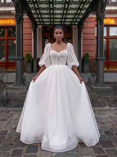 Square Neck Puff Sleeve Grid Mesh Corset Ball Gown Wedding Dress Low Back Bridal Gown