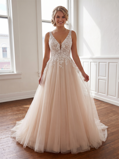 V Spaghetti Strap Floral Lace Champagne Tulle A Line Wedding Dress Low V Back Floral Lace Boho Bridal Gown