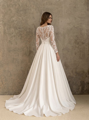 Wedding Dress Classic Satin Princess Ball Gown With Floral Lace Long Sleeves & Pearl Illusion Back