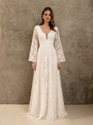 V Neck Bell Long Sleeve Floral Lace Deep V Back Chiffon A Line Wedding Dress Bridal Dress