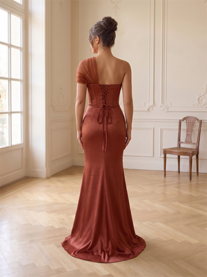One Shoulder Tulle Sleeve Corset Mermaid Satin Bridesmaid Dress Lace Up Back Floor Length Rust Terracotta Formal Wedding Guest Evening Gown