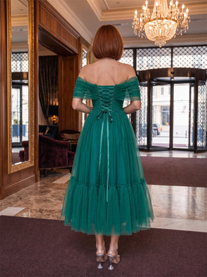 Off-The-Shoulder Emerald Green Tulle Formal Dress Pleated Bodice Corset Lace Up Back Tiered Ruffle Tea Length Midi Gown