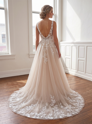 V Spaghetti Strap Floral Lace Champagne Tulle A Line Wedding Dress Low V Back Floral Lace Boho Bridal Gown