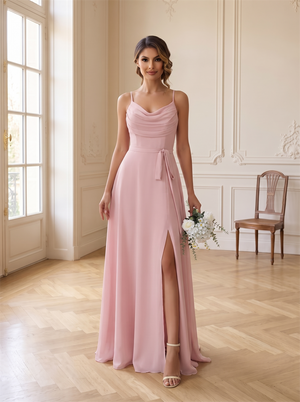 Spaghetti Strap Cowl Neck Sash Tie Waist Chiffon Bridesmaid Dress High Slit Multi Strappy Blush Pink Formal Wedding Guest Evening Gown