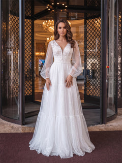 V Neck Puff Sleeve Lace Keyhole Back Tiered Glitter A Line Wedding Dress Bridal Dress