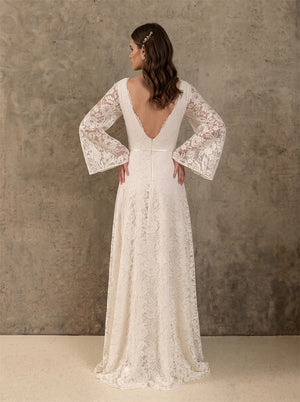 V Neck Bell Long Sleeve Floral Lace Deep V Back Chiffon A Line Wedding Dress Bridal Dress